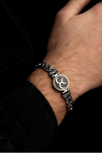 Erkek Gümüş Bileklik - Ortası Dönen Üç Hilal Model Gurmet Zincir Gümüş Bileklik Künye