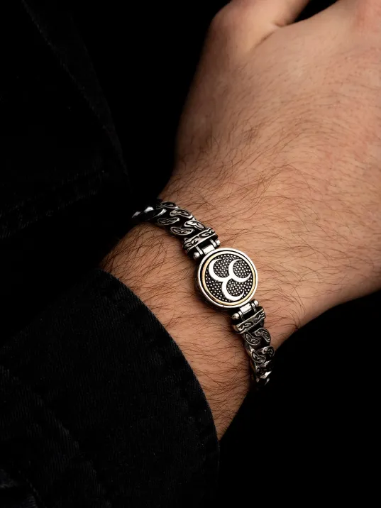 Erkek Gümüş Bileklik - Ortası Dönen Üç Hilal Model Gurmet Zincir Gümüş Bileklik Künye