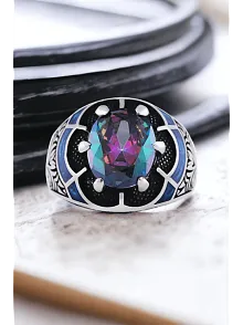 Erkek Gümüş Yüzük - 925 Ayar Gümüş Erkek Mistik Topaz Taşlı Minimal Erkek Gümüş Yüzük