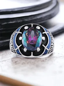 Erkek Gümüş Yüzük - 925 Ayar Gümüş Erkek Mistik Topaz Taşlı Minimal Erkek Gümüş Yüzük