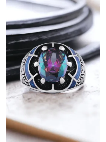 Erkek Gümüş Yüzük - 925 Ayar Gümüş Erkek Mistik Topaz Taşlı Minimal Erkek Gümüş Yüzük