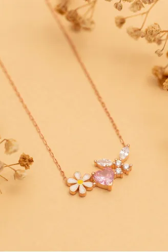 Kadın Gümüş Kolye - Rose Altın Kaplama Zirkon Taşlı Kalp Motifli Gümüş Kolye
