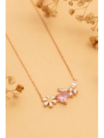 Kadın Gümüş Kolye - Rose Altın Kaplama Zirkon Taşlı Kalp Motifli Gümüş Kolye