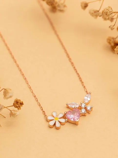 Kadın Gümüş Kolye - Rose Altın Kaplama Zirkon Taşlı Kalp Motifli Gümüş Kolye