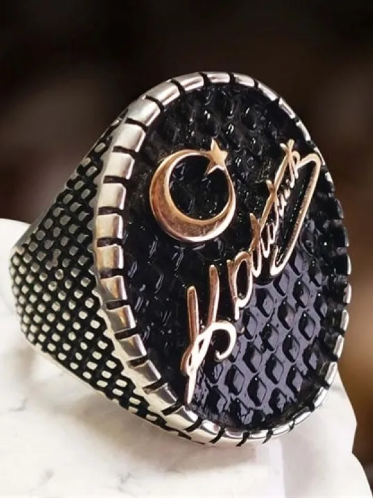 Atatürk İmzalı Yılan Derisi Desenli Erkek Gümüş Yüzük