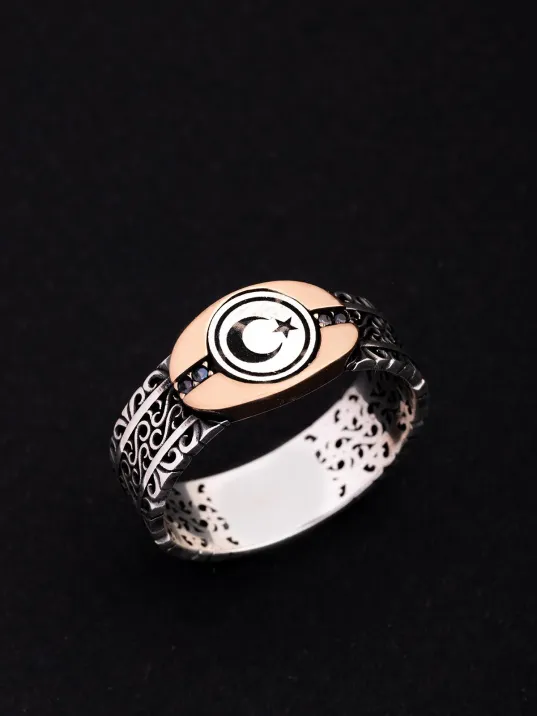 Erkek Gümüş Yüzük - Türk Bayrağı Ay Yıldız Sarmaşıklı İnce Kibar Erkek Yüzüğü