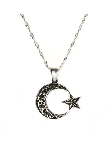 Otantik Ay Yıldız Bayan Gümüş Kolye Orta Boy