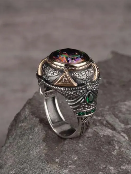 Erkek Gümüş Yüzük Hare Mistik Topaz Taşlı Erkek Gümüş Yüzük