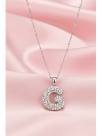 Kadın Gümüş Kolye - 925 Ayar Zirkon Taşlı Balon G Harfi Bayan Kolye