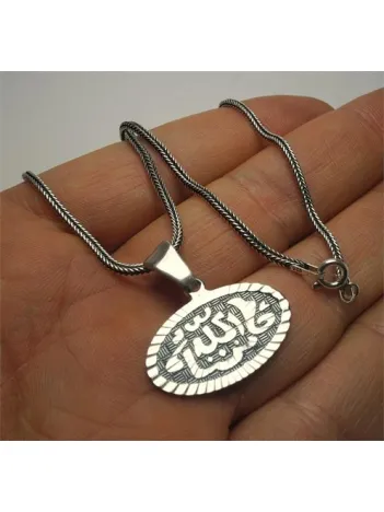 Kalem İşi Besmele Yazılı Erkek Gümüş Kolye Zincir