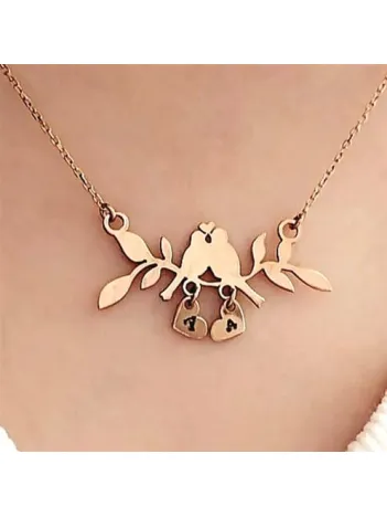 Gerçek Rose Kaplama,Kararmayan Kadın Dalda Çifte Kuş Model 2 925 Ayar Gümüş Kolye (14 Şubat Sevgililer Günü Hediyesi)