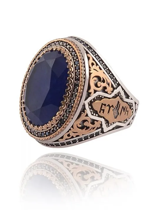 Mavi Zirkon Topaz Taşlı Yanı Göktürkçe Türk Yazılı Erkek Gümüş Yüzük