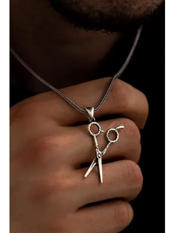 Erkek Gümüş Kolye - Makas Figürlü Erkek Gümüş Kolye Tilki Kuyruğu Zincirli