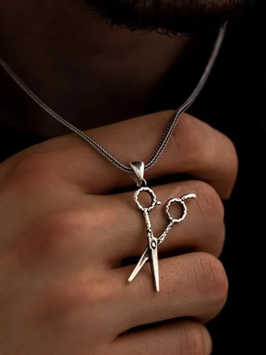 Erkek Gümüş Kolye - Makas Figürlü Erkek Gümüş Kolye Tilki Kuyruğu Zincirli Erkek Gümüş Kolye - Makas Figürlü Erkek Gümüş Kolye Tilki Kuyruğu Zincirli