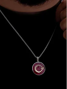 Erkek Gümüş Kolye - Ayyıldız İşlemeli Kırmızı Renkli Gümüş Kolye