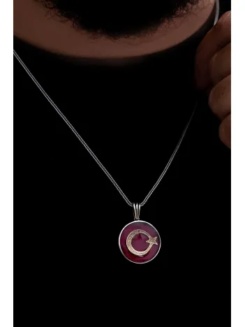 Erkek Gümüş Kolye - Ayyıldız İşlemeli Kırmızı Renkli Gümüş Kolye