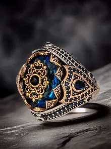 Erkek Mavi Topaz Taşlı Kalem İşlemeli Zirkon Taşlı 925 Ayar Gümüş Yüzük