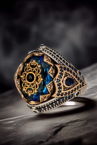 Erkek Mavi Topaz Taşlı Kalem İşlemeli Zirkon Taşlı 925 Ayar Gümüş Yüzük