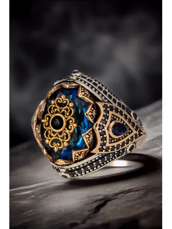 Erkek Mavi Topaz Taşlı Kalem İşlemeli Zirkon Taşlı 925 Ayar Gümüş Yüzük