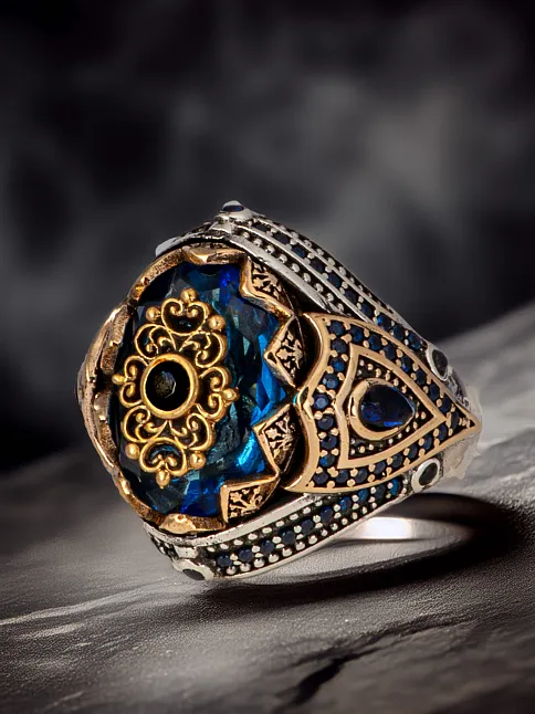 Erkek Mavi Topaz Taşlı Kalem İşlemeli Zirkon Taşlı 925 Ayar Gümüş Yüzük