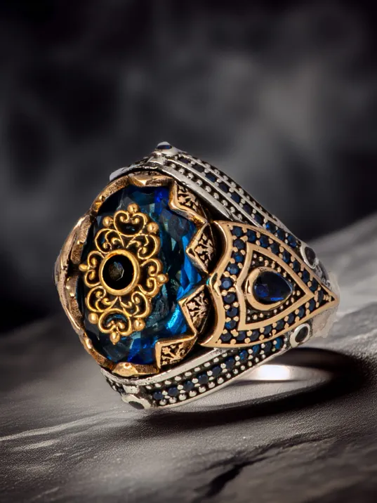 Erkek Mavi Topaz Taşlı Kalem İşlemeli Zirkon Taşlı 925 Ayar Gümüş Yüzük