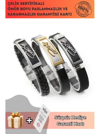 Atatürk İmzalı Erkek Çelik Deri Kauçuk Bileklik Paslanmaz Ve Kararmaz