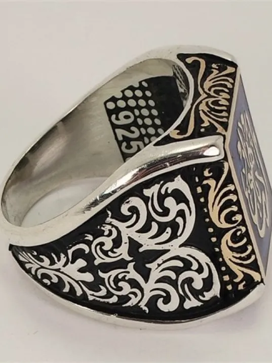 Edep Ya Hu Yazılı Mavi Mineli Gümüş Erkek Yüzük