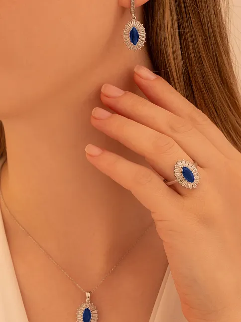 Kadın Gümüş Set - Mekik Model Safir Taşlı Baget Süslemeli Rodyumlu Kadın Set