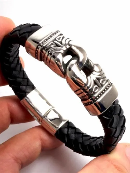 Ottoman Gotik Model Deri Çelik Erkek Bileklik DBLSYHHALKA