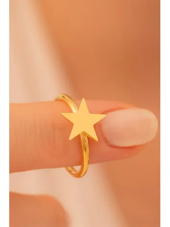 Kadın Gümüş Yüzük - El İşçiliği Altın Kaplama Yıldız Motifli İnce Kadın Yüzük