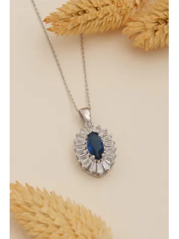 Kadın Gümüş Kolye - Damla Model Safir Taşlı Baget Süslemeli Rodyumlu Kadın Kolye