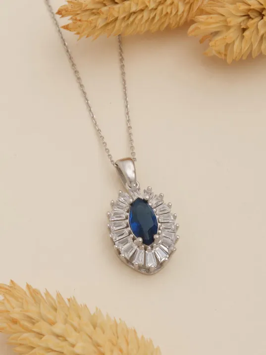 Kadın Gümüş Kolye - Damla Model Safir Taşlı Baget Süslemeli Rodyumlu Kadın Kolye