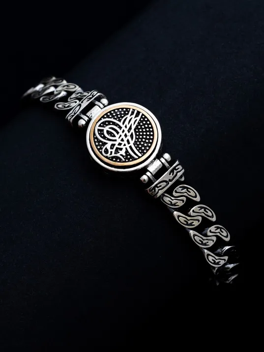 Erkek Gümüş Bileklik - Osmanlı Tuğrası İşlemeli Ortası Dönen Model Gümüş Bileklik