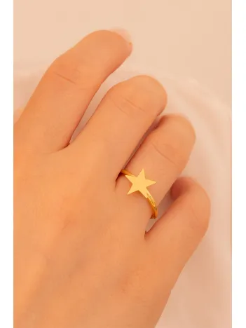 Kadın Gümüş Yüzük - El İşçiliği Altın Kaplama Yıldız Motifli İnce Kadın Yüzük