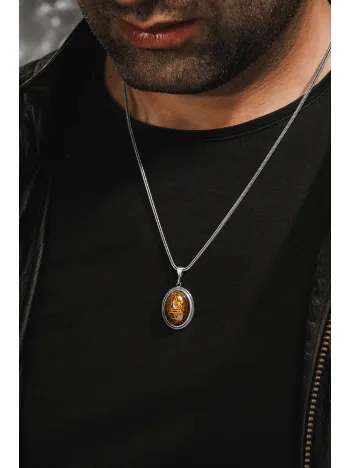 Erkek Gümüş Kolye - Turuncu Hz. Süleyman Mührü Erkek Gümüş Kolye