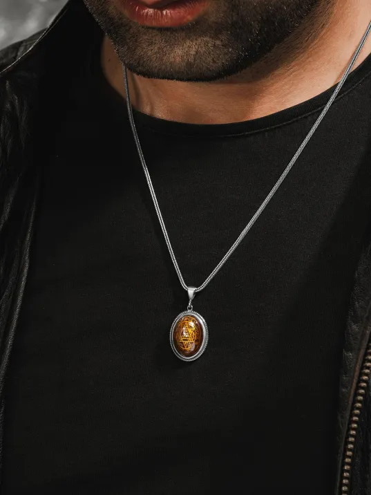 Erkek Gümüş Kolye - Turuncu Hz. Süleyman Mührü Erkek Gümüş Kolye