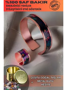 Kadın Bakır Bileklik Yüzük Set - Bianca Model Özel Baskı Metal Kutu Ve Doğal Taşlar
