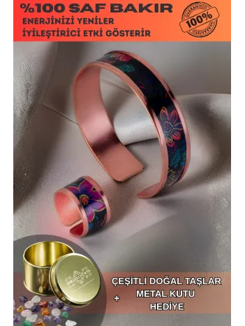 Kadın Bakır Bileklik Yüzük Set - Bianca Model Özel Baskı Metal Kutu Ve Doğal Taşlar