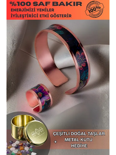 Kadın Bakır Bileklik Yüzük Set - Bianca Model Özel Baskı Metal Kutu Ve Doğal Taşlar