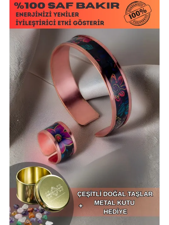 Kadın Bakır Bileklik Yüzük Set - Bianca Model Özel Baskı Metal Kutu Ve Doğal Taşlar Kadın Bakır Bileklik Yüzük Set - Bianca Model Özel Baskı Metal Kutu Ve Doğal Taşlar