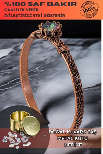 Kadın Bakır Bileklik - Mistik Topaz Ağaç Kabuğu Model İnce Metal Kutu Kuvars Taşlı Bilezik