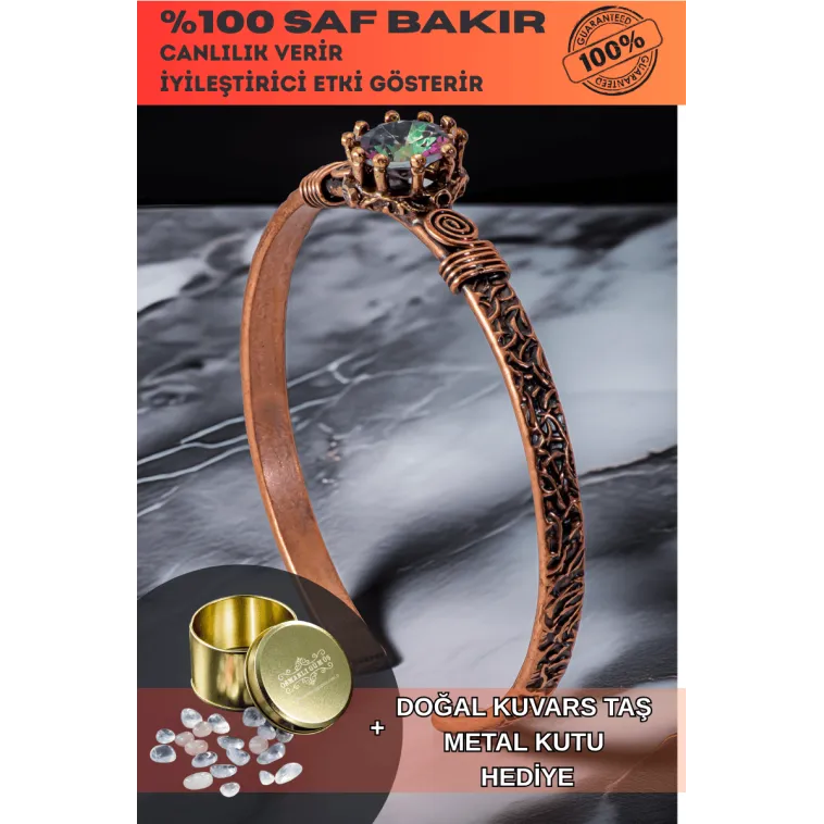 Kadın Bakır Bileklik - Mistik Topaz Ağaç Kabuğu Model İnce Metal Kutu Kuvars Taşlı Bilezik