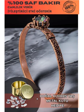 Kadın Bakır Bileklik - Mistik Topaz Ağaç Kabuğu Model İnce Metal Kutu Kuvars Taşlı Bilezik