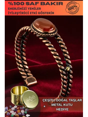 Kırmızı Akik Taşlı Model %100 Saf Bakır Kadın Bileklik – Metal Kutu ve Doğal Taşlar