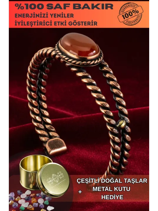 Kırmızı Akik Taşlı Model %100 Saf Bakır Kadın Bileklik – Metal Kutu ve Doğal Taşlar