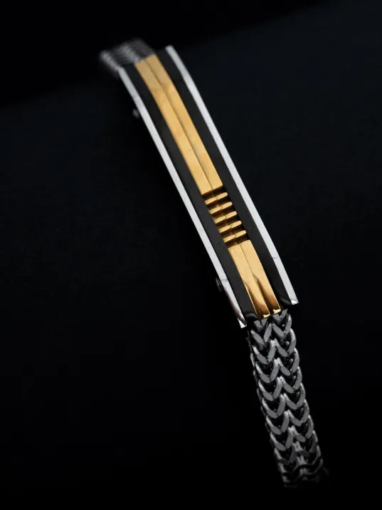 Erkek Çelik Bileklik - Sarı Model Çift Sıra Örüm Zinciri Çelik Bileklik