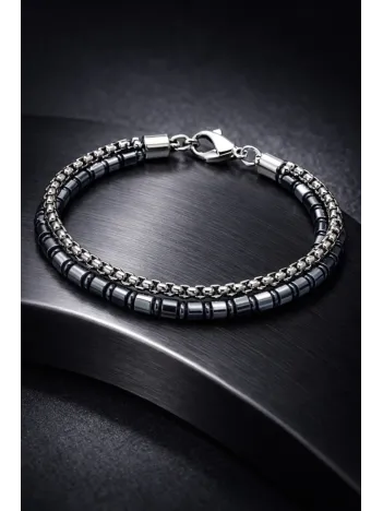 Erkek Çelik Bileklik - Çift Sıra Polo Zincir Doğal Hematit Taşlı Çelik Bilezik