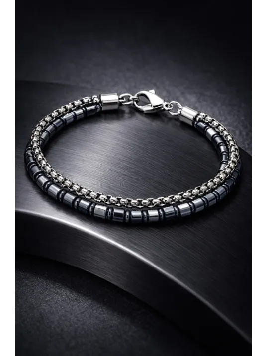 Erkek Çelik Bileklik - Çift Sıra Polo Zincir Doğal Hematit Taşlı Çelik Bilezik