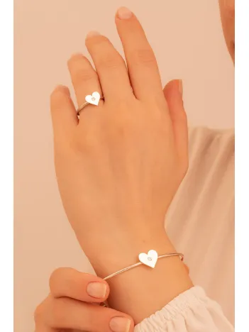 Kadın Gümüş Set - El İşçiliği Gümüş Kalp Motifli Zirkon Taşlı Kadın Set