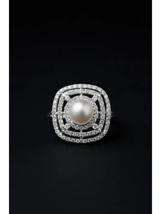 Kadın Gümüş Kolye Yüzük Küpe Set - Kare Model İnci Detaylı Kadın Gümüş Set